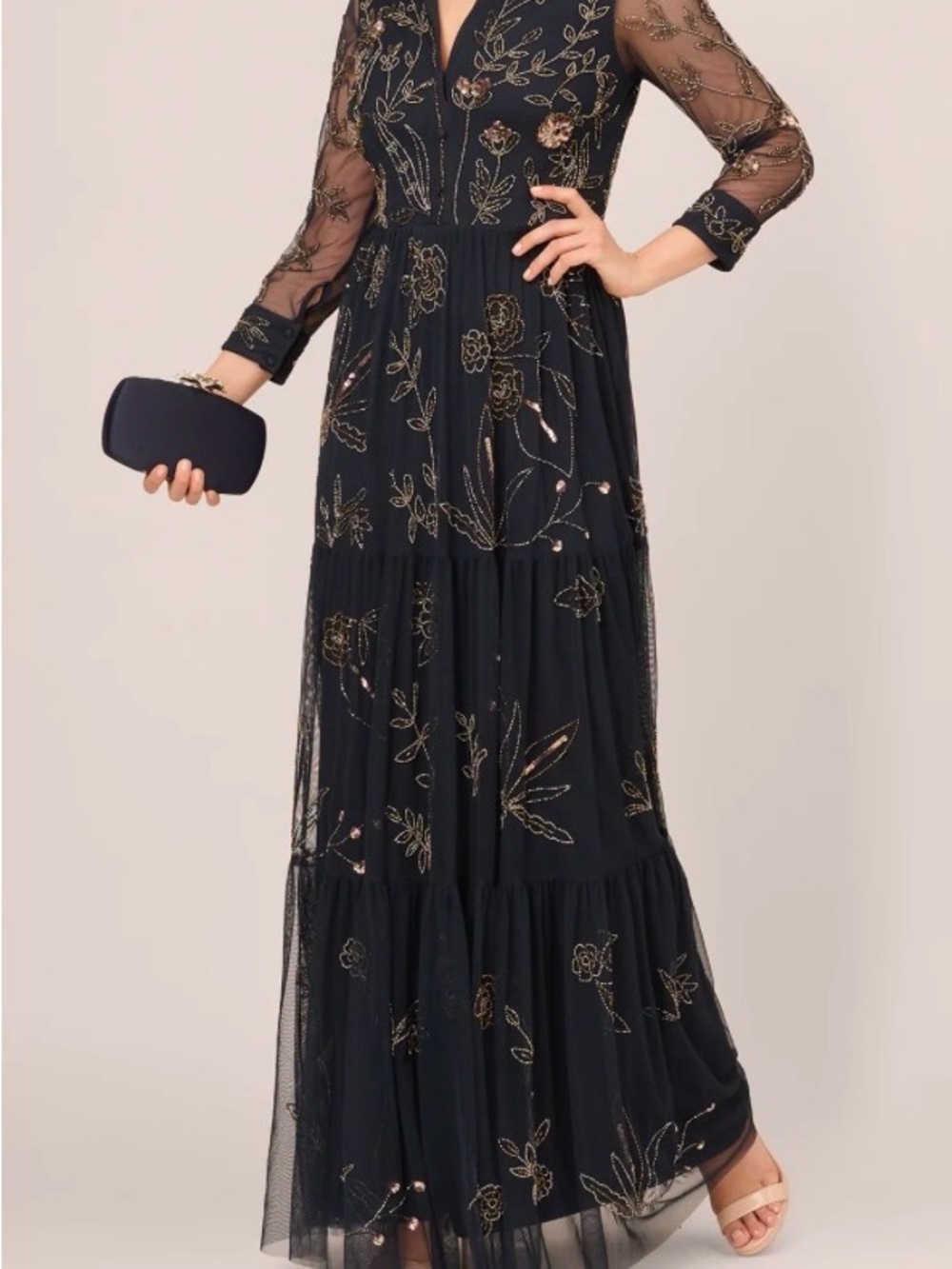 Adrianna Papell Black Maxi Dress with Gold Embroidery